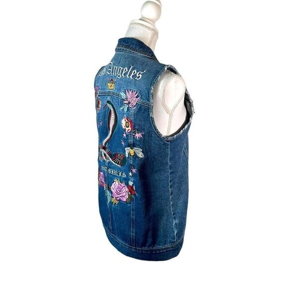 Pac Sun Los Angeles Lost Girls Embroidered Snake And Flowers Denim Vest - Picture 5 of 9